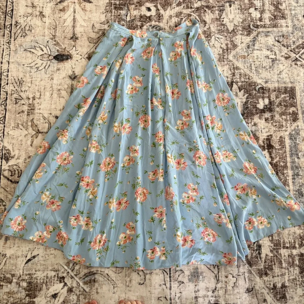 Laura Ashley Floral Blue Pleated Maxi Skirt Size 14